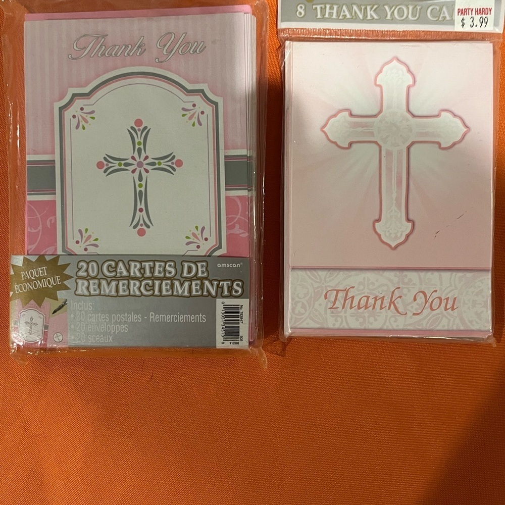 6/$25 Pink and White Thank You Cards with Cross Design